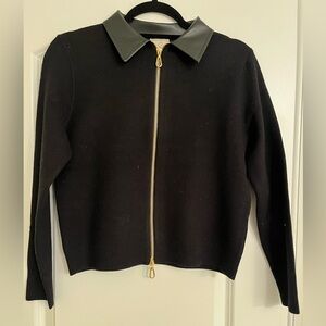 NWT Sioni Black Leather Collar Zip Up Sweater Jacket Sz Small Knit Quiet Luxury